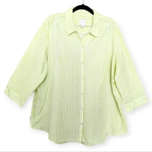 Chico’s Size 3(US XL) Silk Blend Stripe Shirt Green Snap Button Curved Hem
